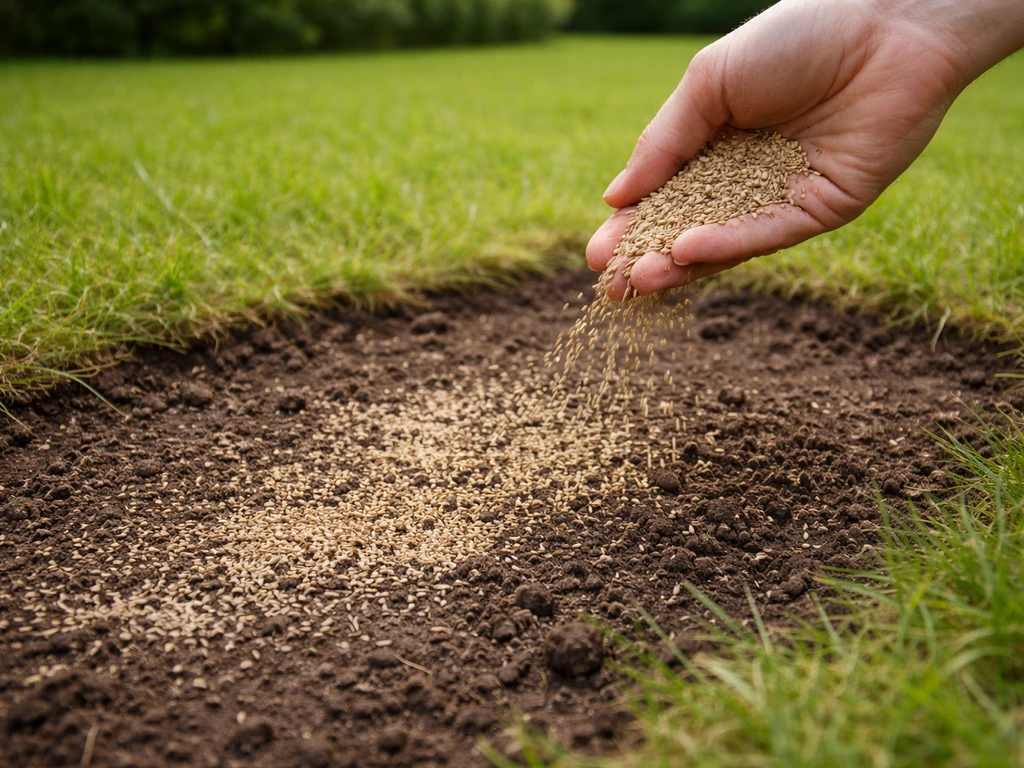 Hand strooit graszaad over een kale plek in het gazon, met groen gras op de achtergrond.
