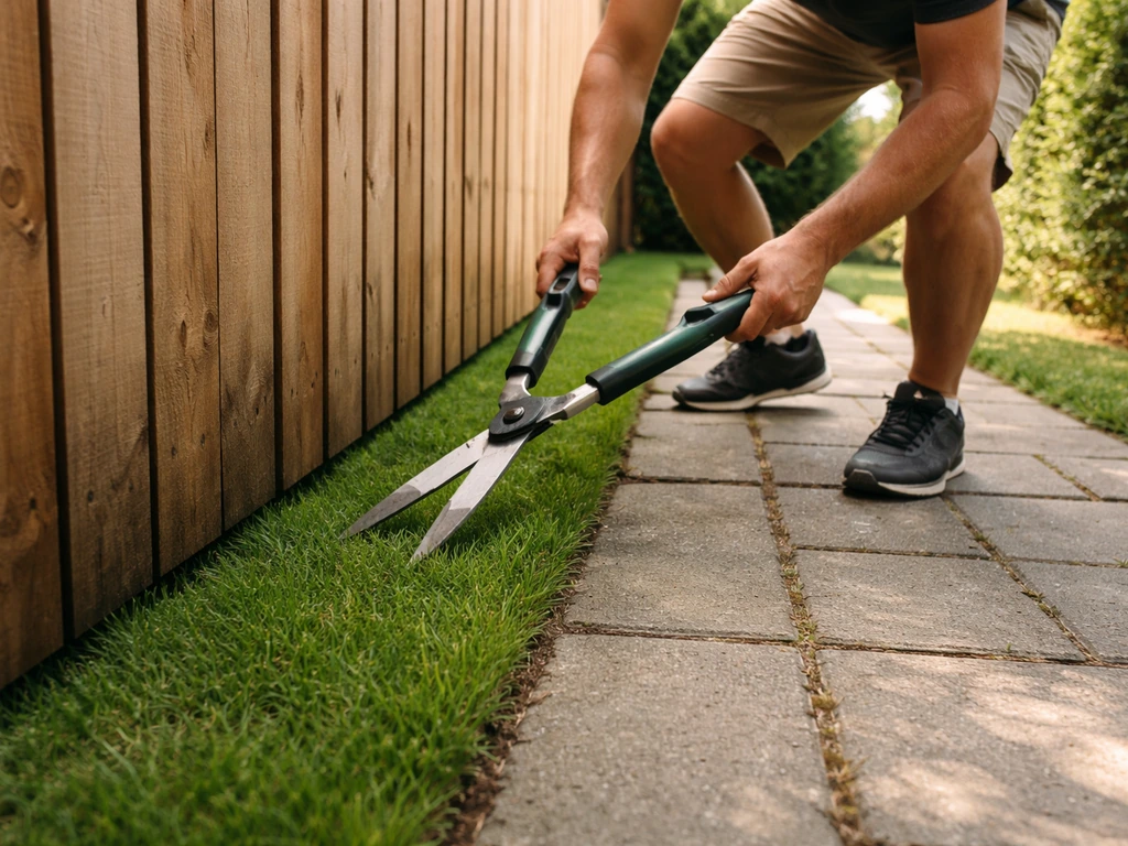 Handen knippen strak gras langs een houten schutting met een heggenschaar in een smalle strook