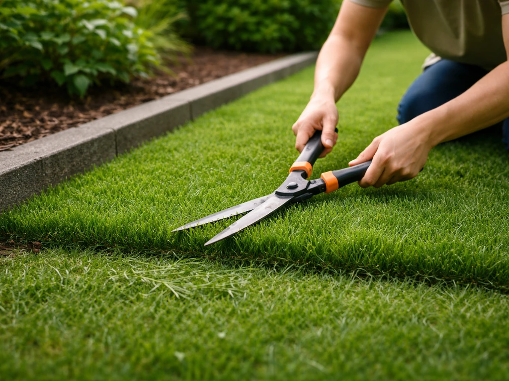 Vrijgemaakte tuinplek waar anonieme handen met een heggenschaar een klein vak gras gelijkmatig knippen.