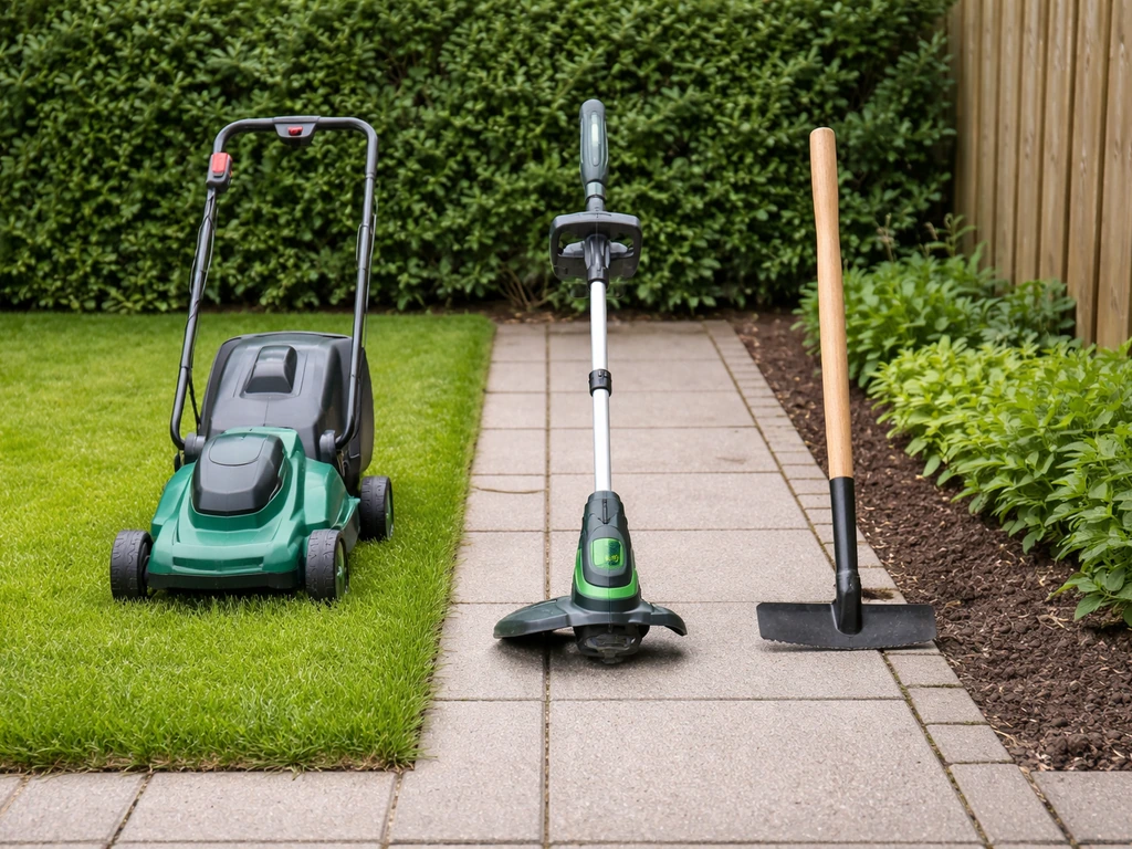 Gereedschappen voor gazononderhoud naast elkaar: grasmaaier, trimmer en kantensteker in een tuinomgeving.