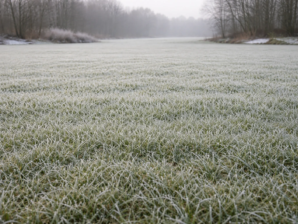 Panoramisch wintergazon met rijp en zacht vorstpatroon, stil gras met kans op vroeg herstel