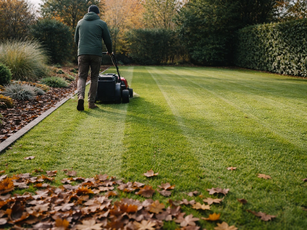 Tuinier die in november het gazon voor de winter maait, langs een net bijgewerkte rand bij een eenvoudig groenperk.