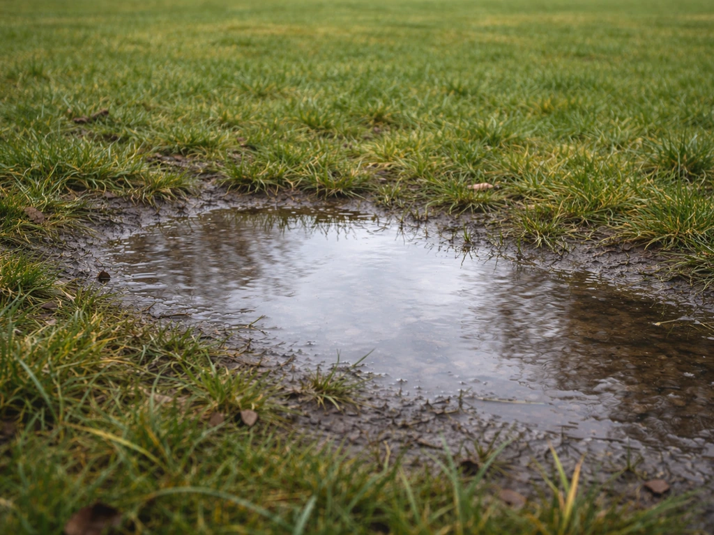 Plas water op een gazon bij de ene plek, terwijl een stukje gras ernaast droger en groen blijft.