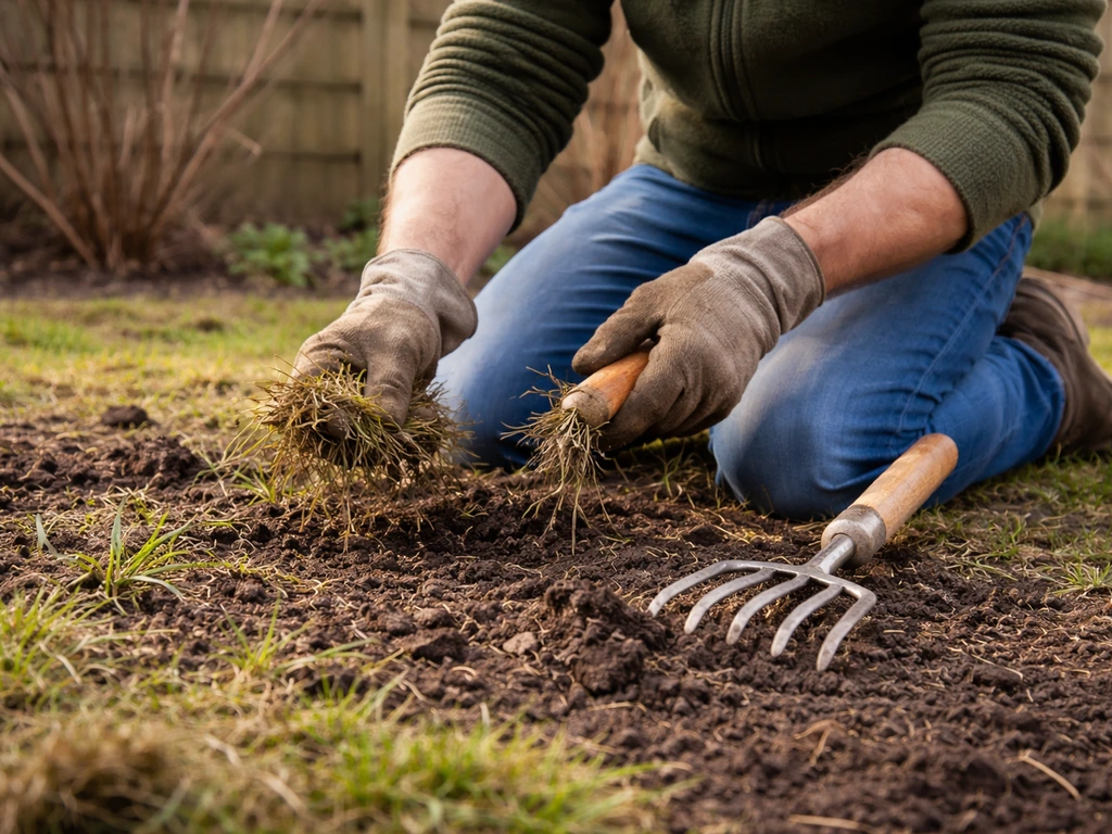 Fanatieke tuinier die in een vroege voorjaars-tuin onkruid en grasresten wegneemt en licht doorzaait.