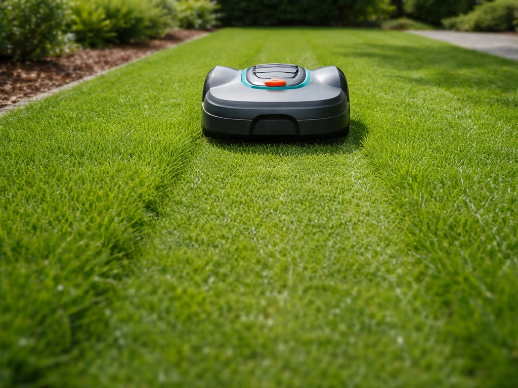 Grasrobot maait een gazon met duidelijk niet-te-korte maaihoogte in een rustige tuin.