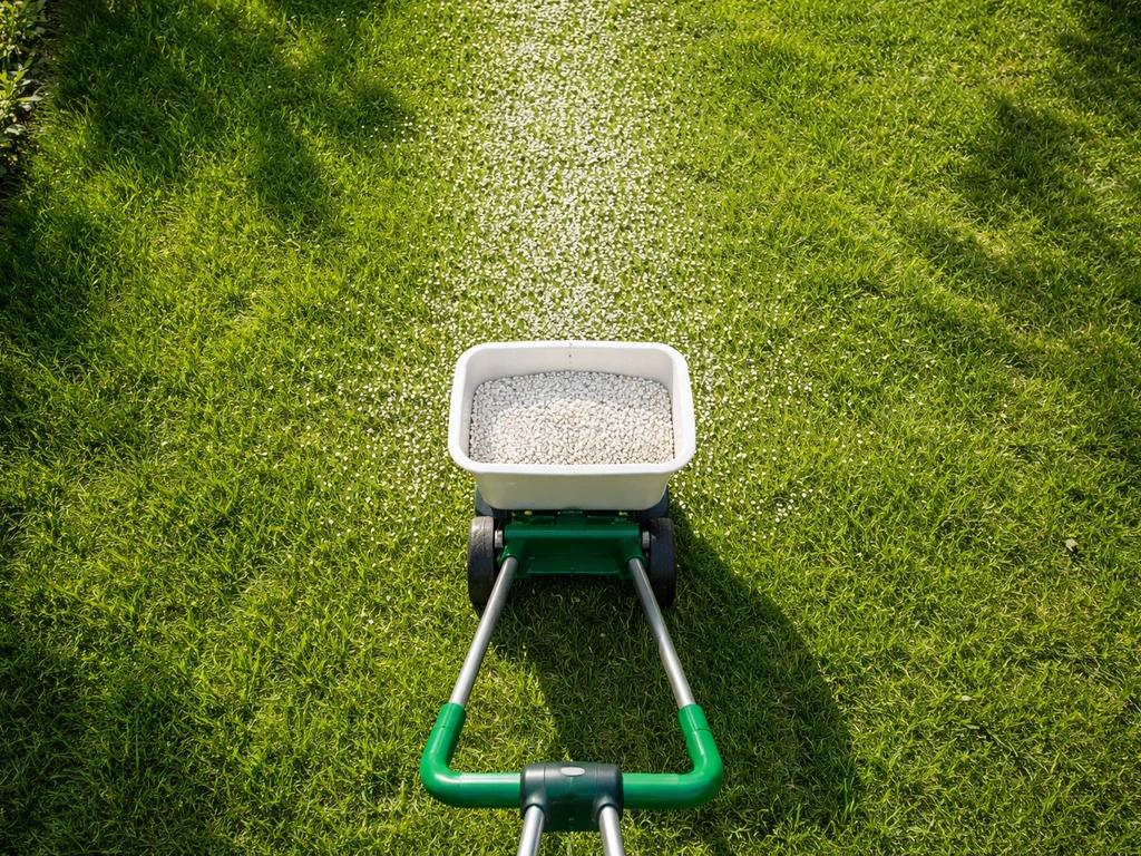 Bovenaanzicht van een voorjaarsgazon met een strooier die kalkkorrels over het gras verspreidt.