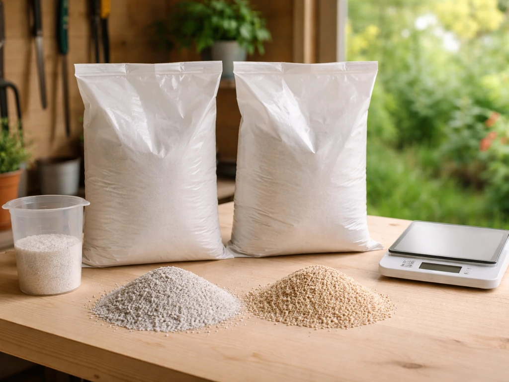 Twee soorten kalkkorrels en meetgerei op een houten werkblad, klaar voor dosering van het gazon.