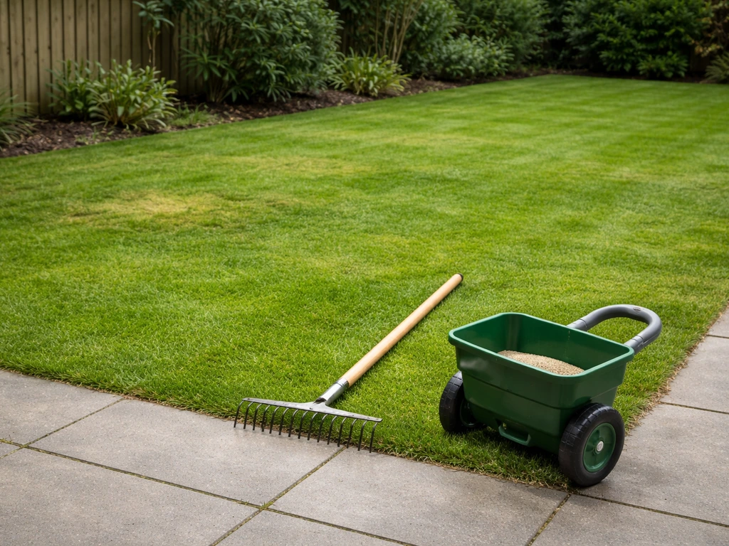 Groen gazon met zichtbaar minder mos, harken en een strooier klaar op de achtergrond bij de tuinbeurt