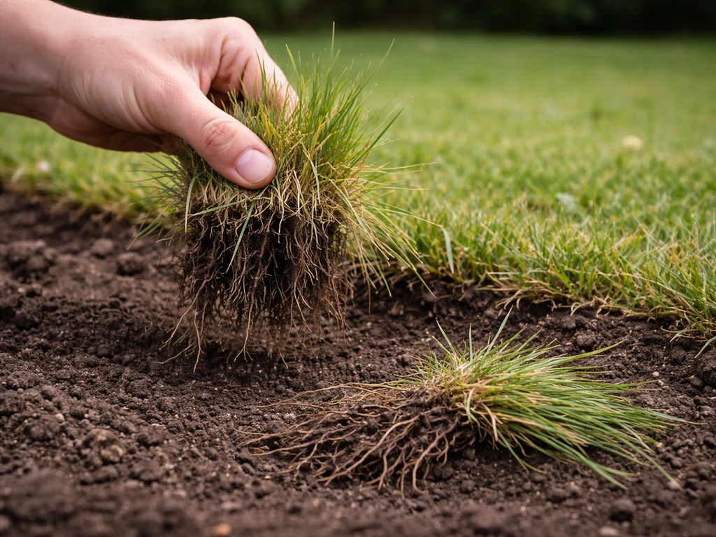 Close-up van graspol met wortels die uit de grond wordt getrokken om droog of dood gras te checken.