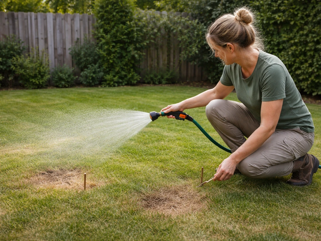 Tuinier geeft water aan een gazon met slang en controleert de grasplekken met een eenvoudige schaarmarkering