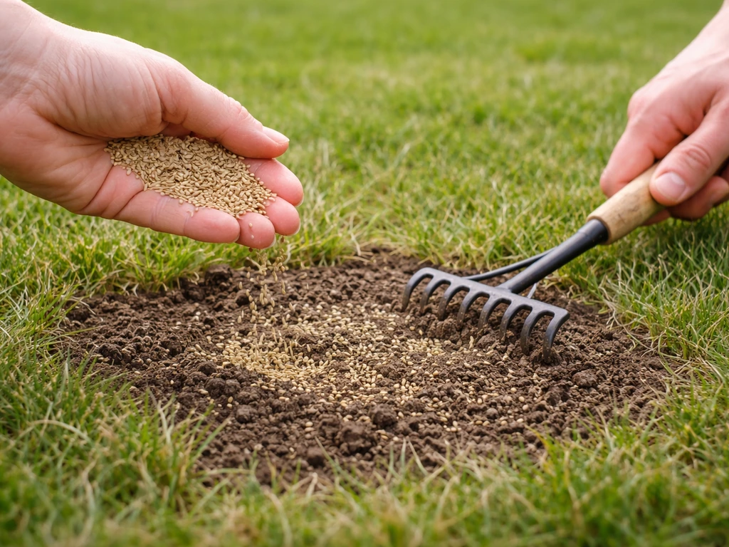 Hand die graszaad in een dode plek strooit en kort ingeharkt op een gazon.