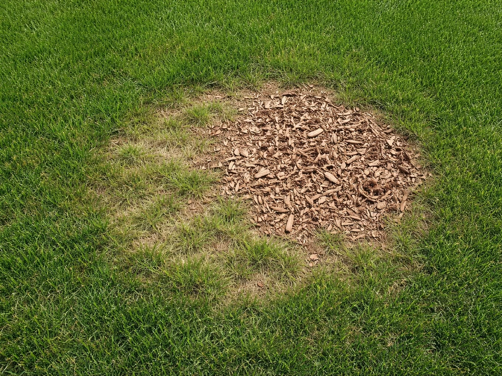 Bovenaanzicht van houtsnippers op een gazon met een plek waar het gras lichter en ongelijk groeit.