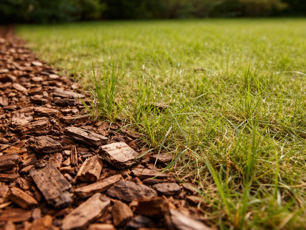 Close-up van houtsnippers op een gazon met lichter, ijler gras direct ernaast.