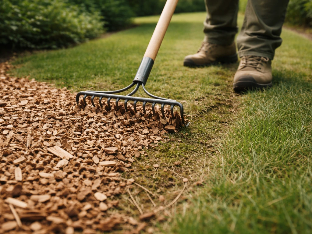 Houtsnippers worden met hark of schop weggehaald van het gras in een rustige tuinomgeving.
