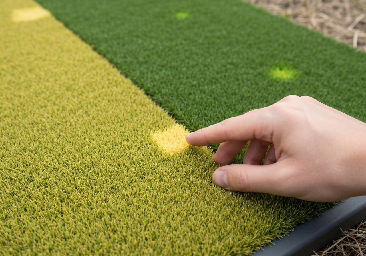 Close-up van geelgroen gras met hand die een geel plekje aanwijst voor snelle diagnose