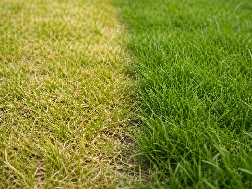 Geelgroen gazon met bleke groeikleur naast duidelijk gezonder, groener gras