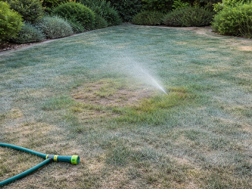 Dof blauwig/blauwgrijs gazon met een tuinslang die net water geeft over beschadigde plekken