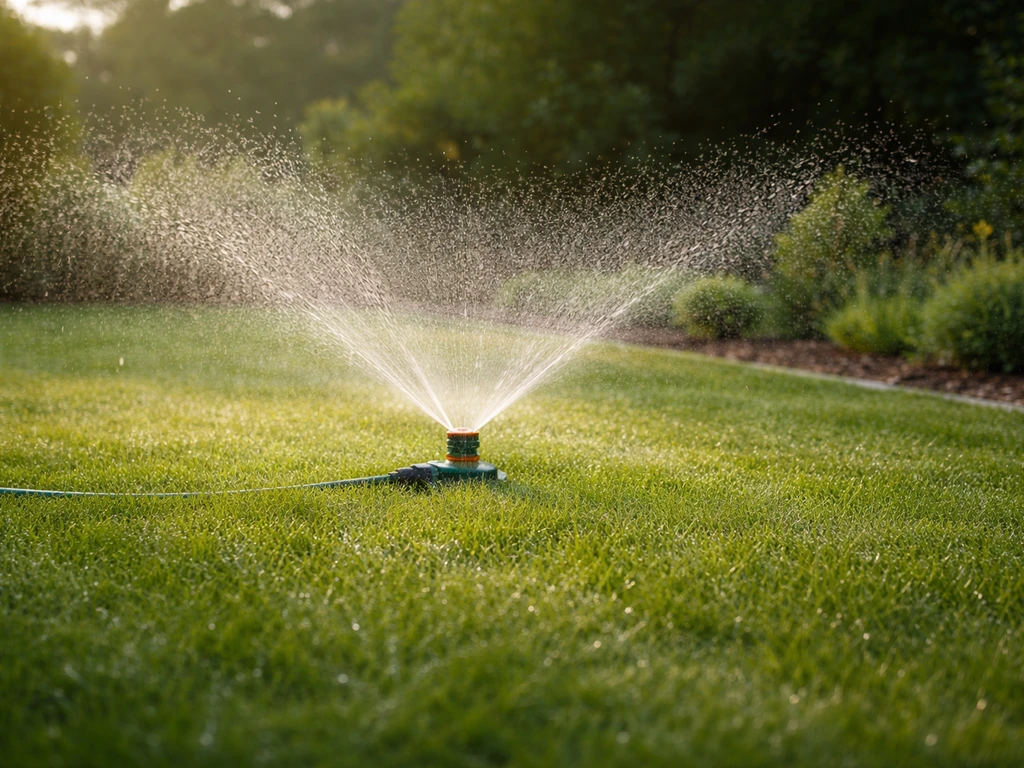 Actieve sproeier die ’s ochtends water uitspuit over een groen gazon, minimalistische tuinomgeving.