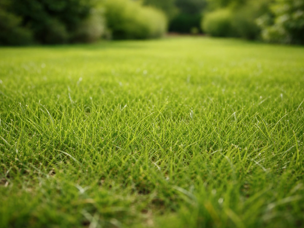 Close-up van een egaal, frisgroen gazon met zachte diepte en natuurlijk licht