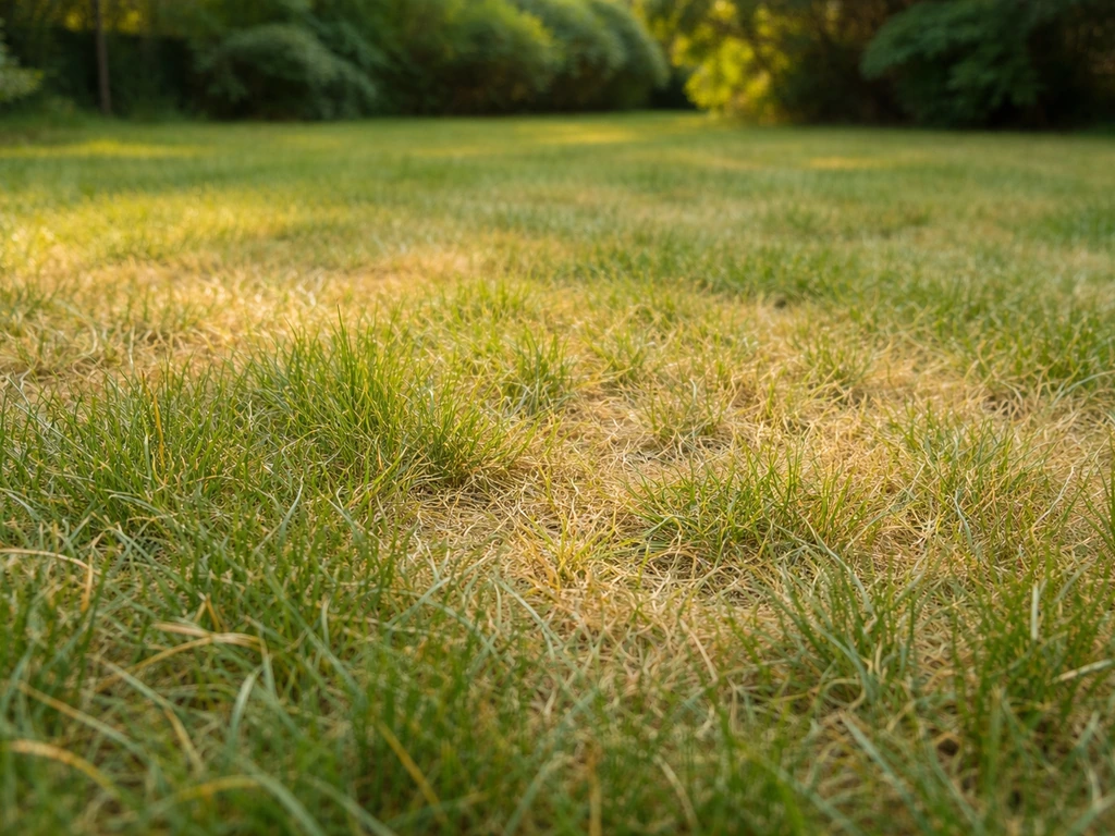 Close-up van licht- tot geelgroen verkleurd gazon met variatie in dichtheid tussen plekken.