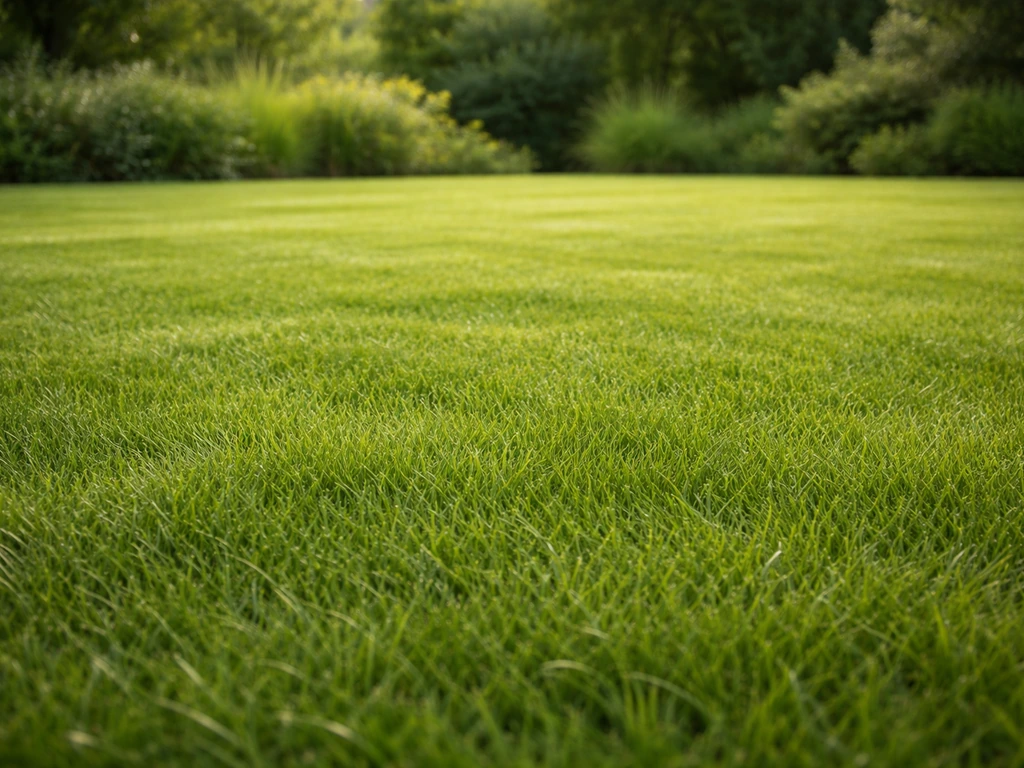 Donkergroen, dicht en egaal Nederlands gazon in een rustige tuin met natuurlijk licht