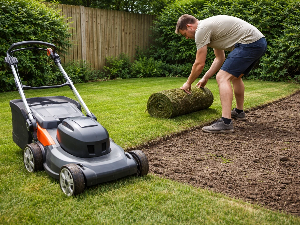 Grasmaaier met ingestelde maaihoogte en een check van het bodemoppervlak in een stille achtertuin.