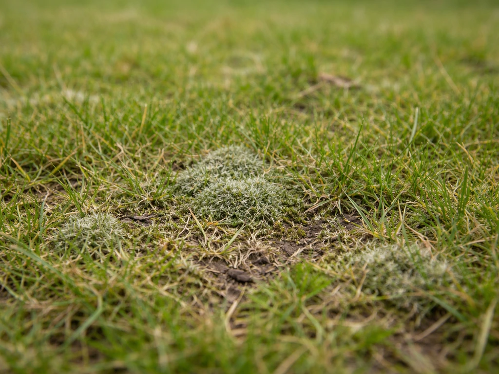 Close-up van gazonbodem met beginnende grijsgroene mos- of viltlaag tussen het gras.
