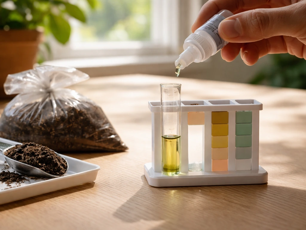 Hand met pH-testkit en grondmonster op tafel, kleine reageerbuis met kleurverandering bij grasgrond-test.