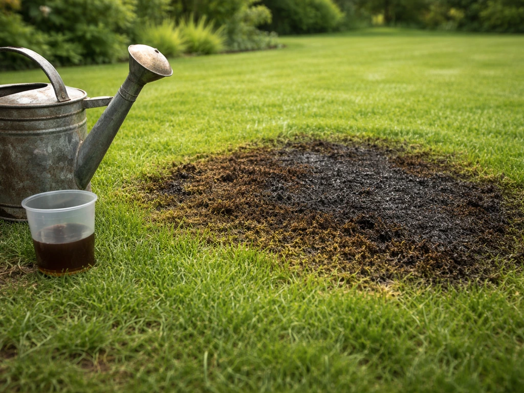 Gazon met mos dat afsterft en gras dat donkergroen wordt, met gieter en roestbruine vloeistof op de achtergrond.