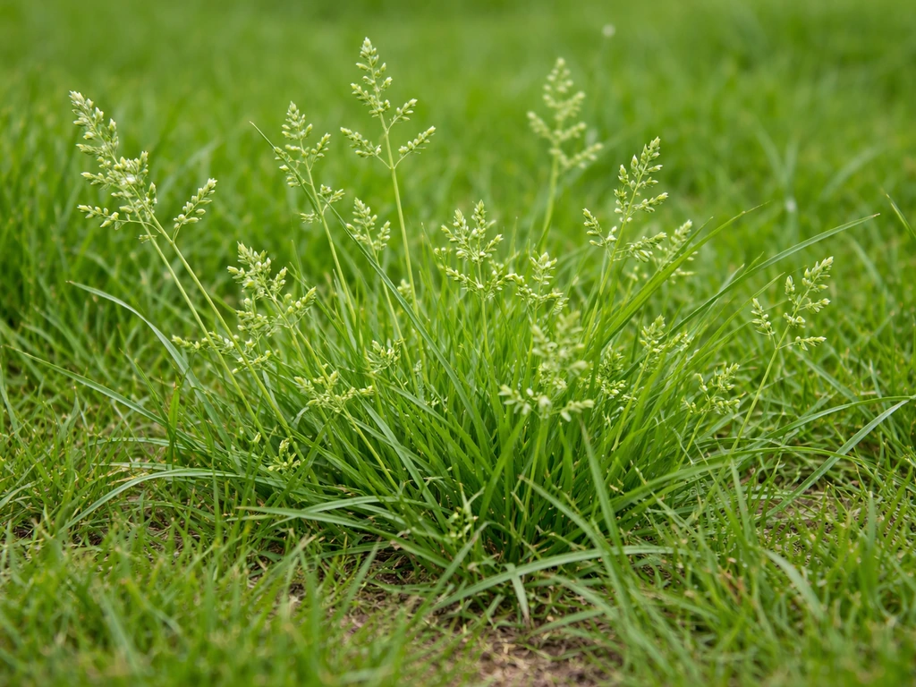 Close-up van straatgras (Poa annua) in een gazon, met duidelijke bladstructuur en lage groei.