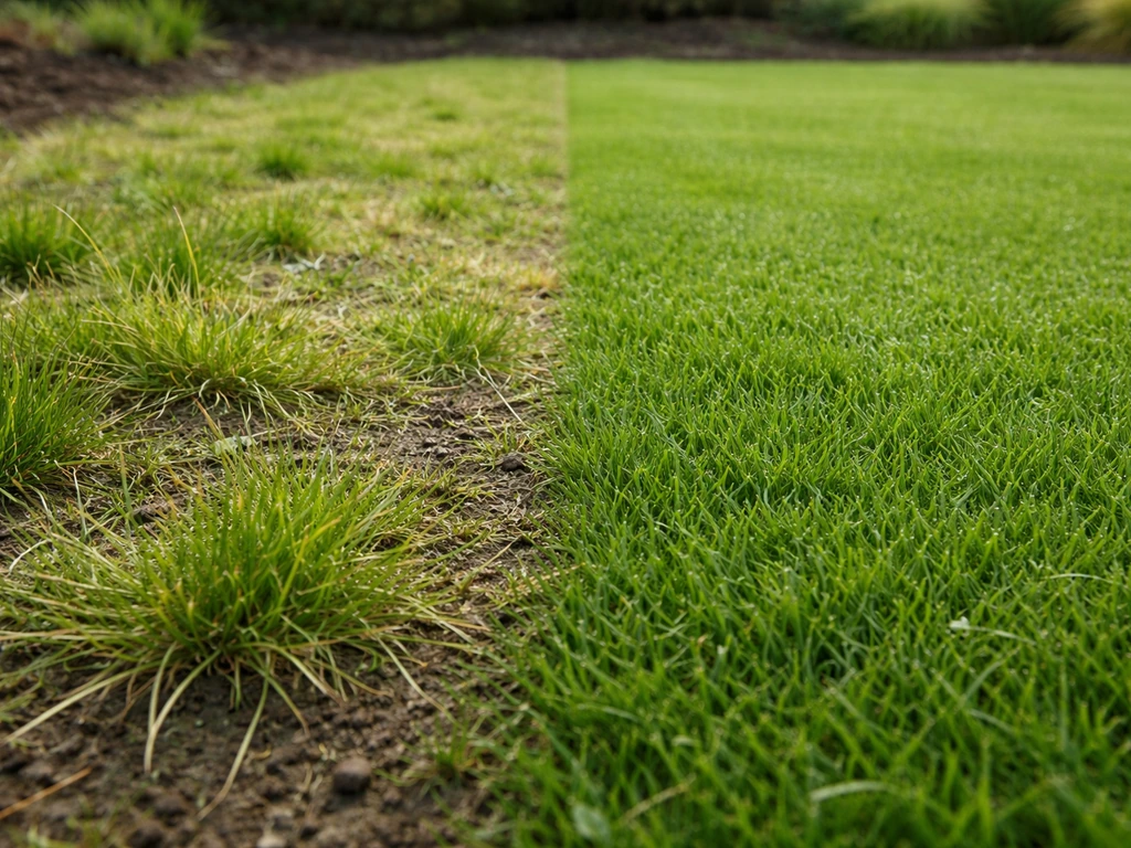 Tuin naast elkaar: lage pollen straatgras versus net gazon, met focus op herkenbare groei in twee seizoenszones.