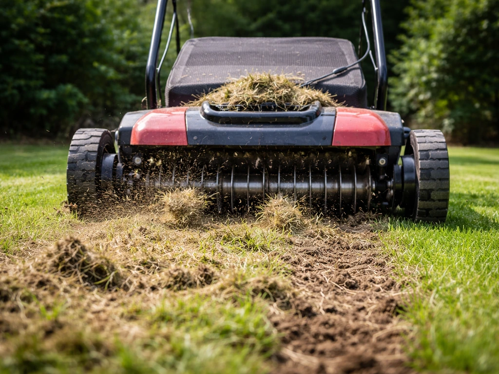 Verticuteermachine die gras vilt verwijdert en de ondergrond zichtbaar maakt in een tuin.