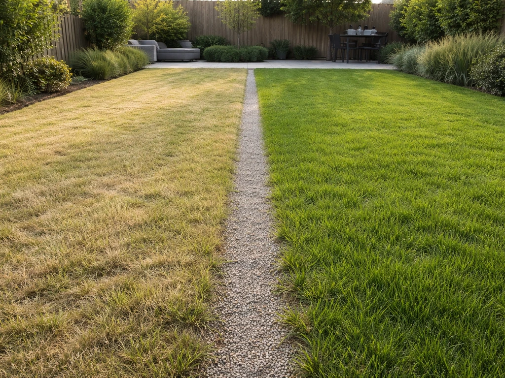 Gazon met gele herstelde strook die overgaat in fris groen, passend bij geel gras groen maken.