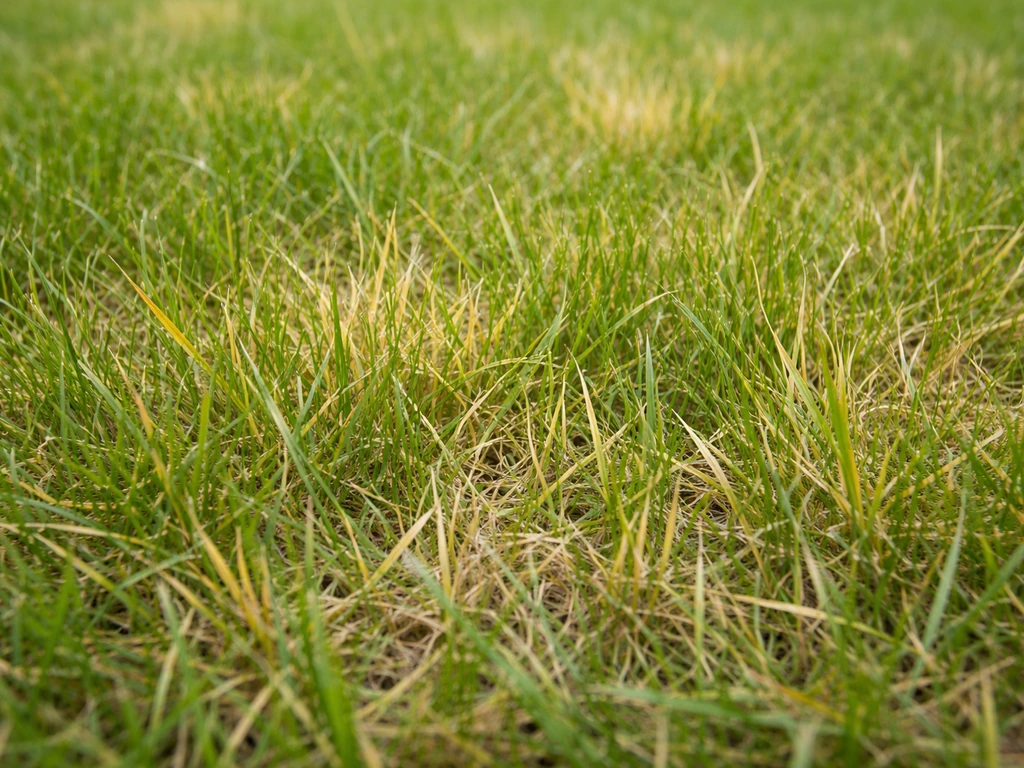 Close-up van geel verkleurde grassprieten in een gazon, met vergeelde plekken als duidelijk symptoom.