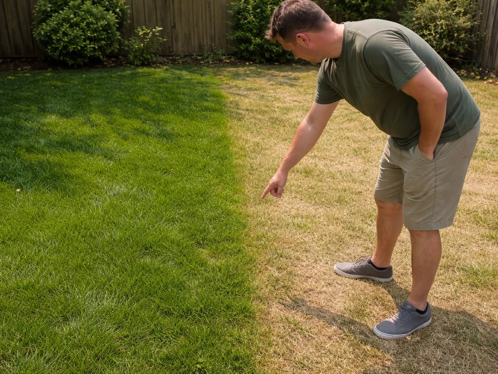 Persoon loopt langs het gazon met een vochtige en droge plek in het gras om water- en schaduwproblemen te tonen.