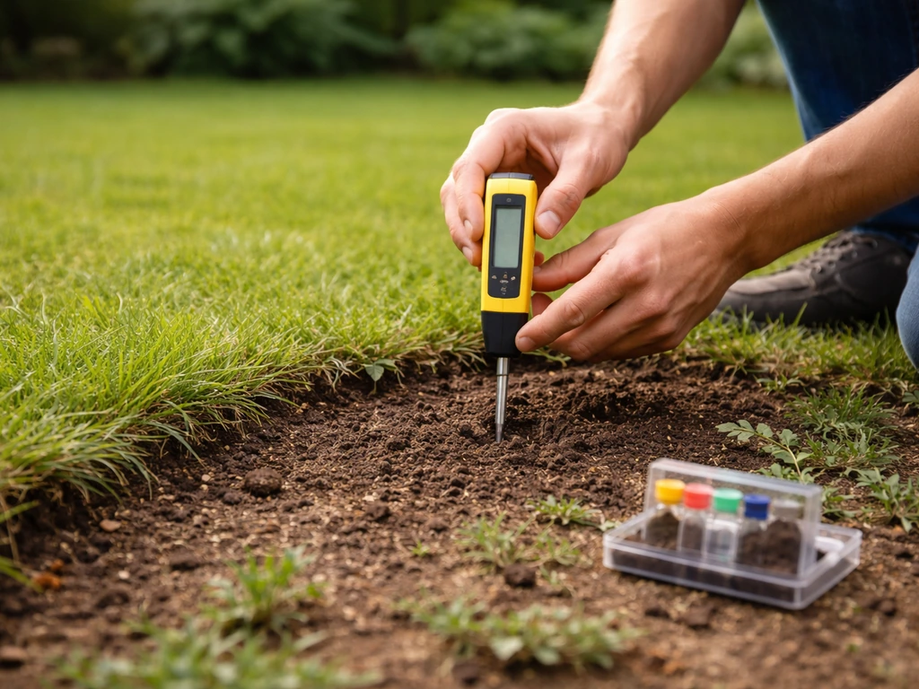 Anonieme handen meten de pH van de bodem met een pH-meter bij de gazonrand in een tuin.