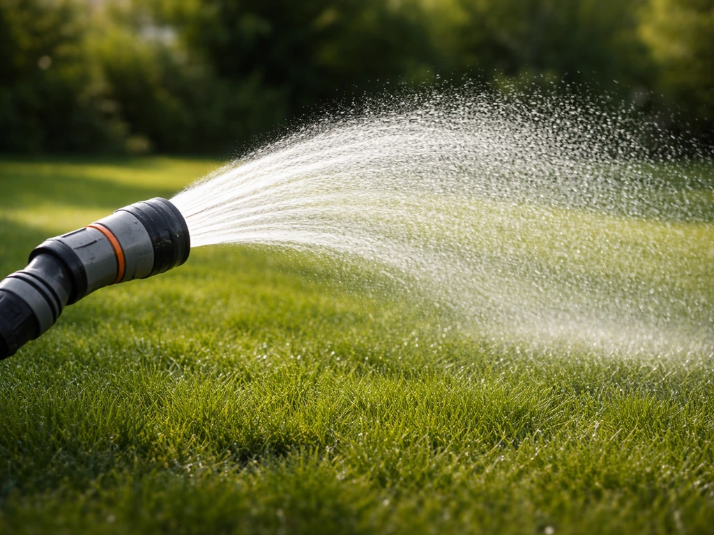 Gerichte tuinslang met beregeningskop die water onder druk op het gazon spuit
