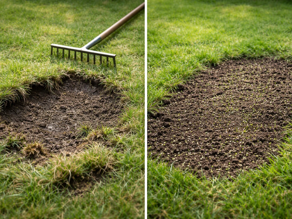 Links open bodem en losgetrokken zode, rechts zaaiklaar aarde met eerste herstel op een kale plek in het gazon.
