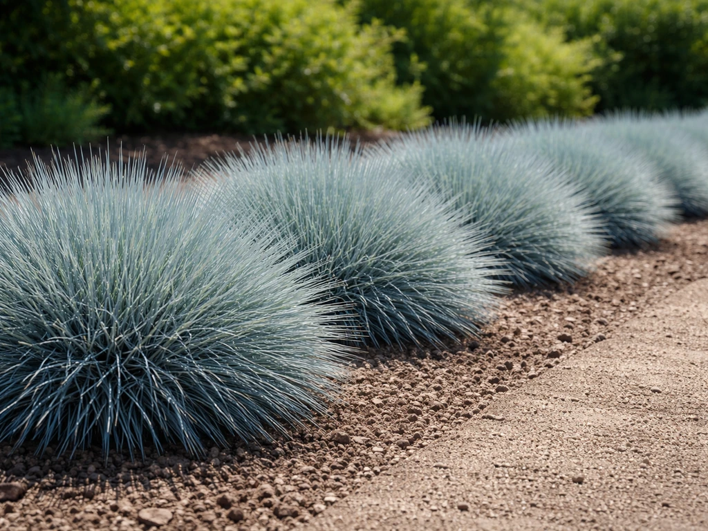 Strak blauw schapengras met blauwgrijze polvorming in volle zon, minimalistische tuinrand in beeld.