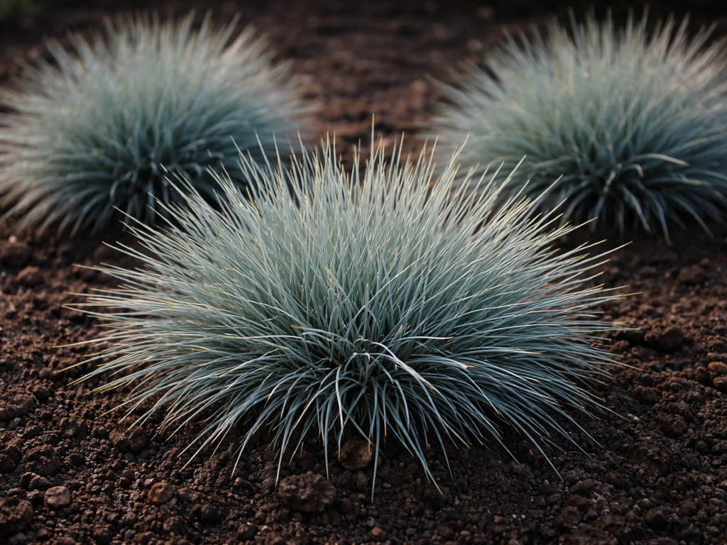 Close-up van blauw schapengras (Festuca glauca) met blauwgrijze pollen in een tuinbodem