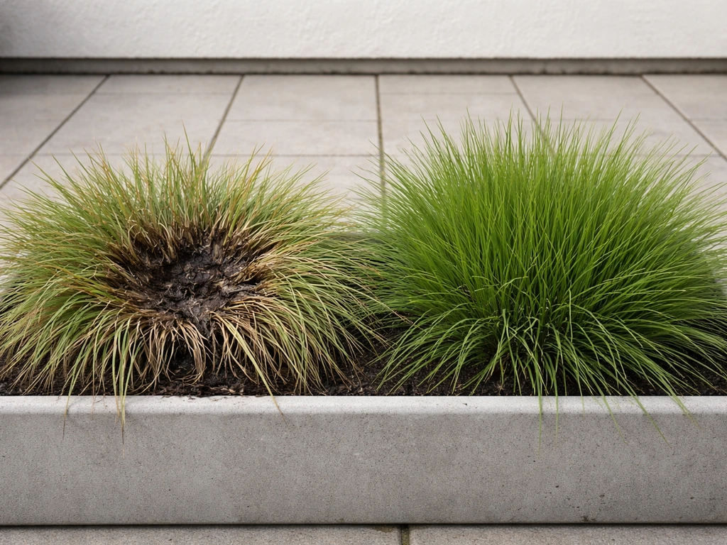 Vergelijking van een rotte Festuca-polkern met een gezonde, luchtige pol in de tuinbak.