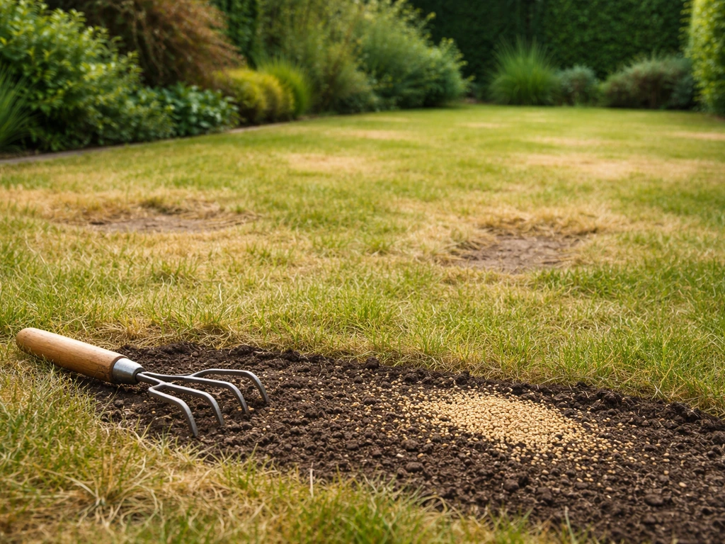 Nederlands gazon met geelbruine verdroogde plekken, naast hark en graszaad bij een herstelzone.