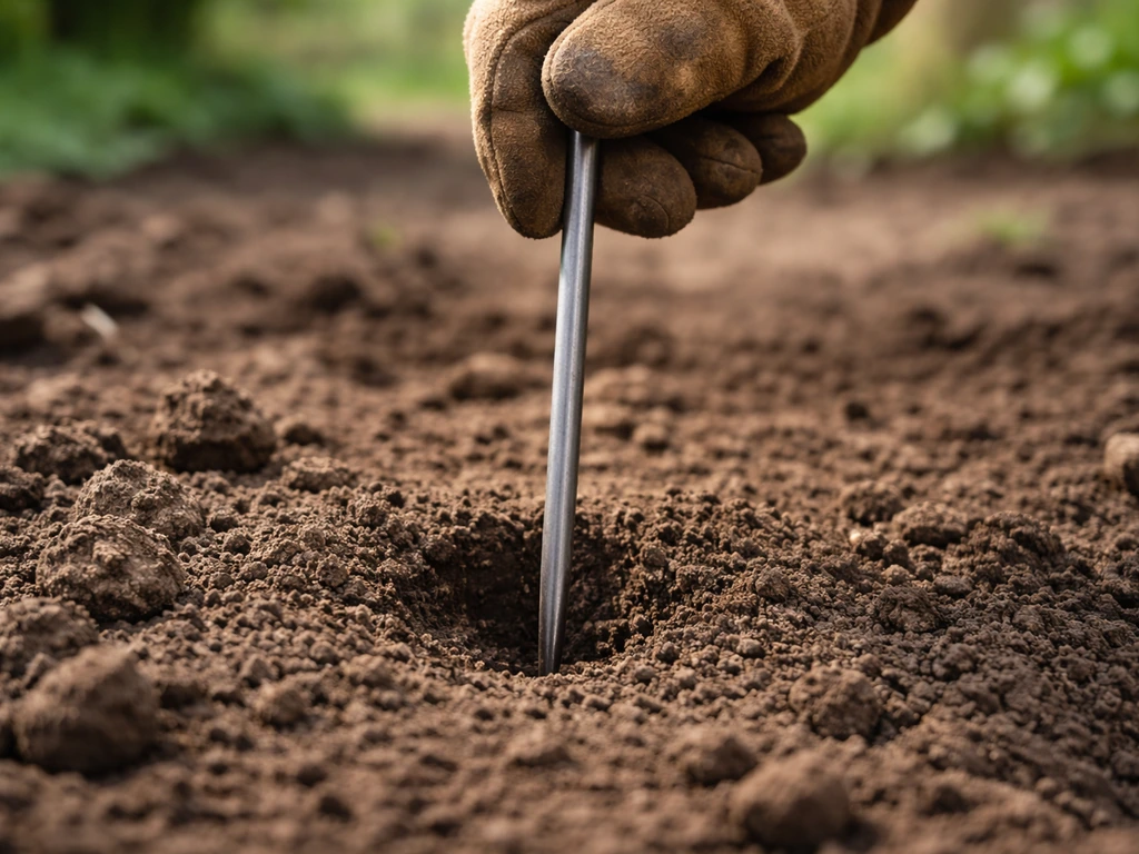 Hand duwt een schroevendraaier ongeveer 20 cm de grond in voor een bodemcheck op verdichting of droogte.