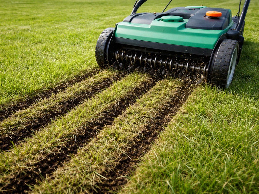 Verticuteermachine die door het gazon snijdt, met rechte groeven in een Nederlands grasveld.