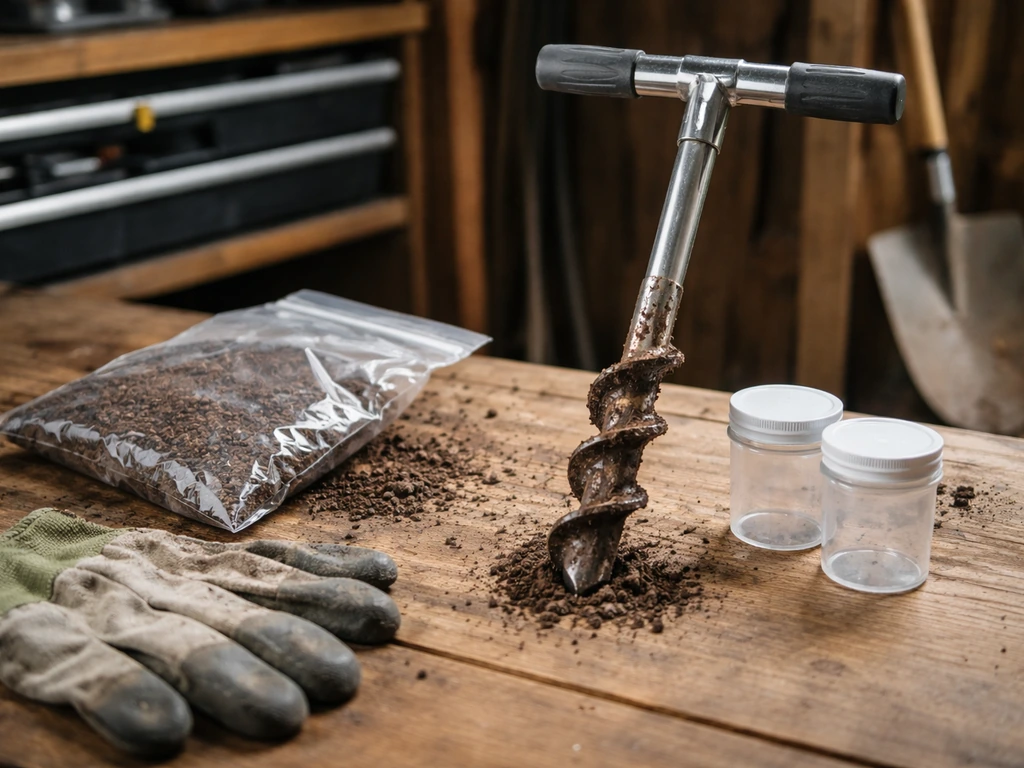 Bodemtestkit en handboor op een houten werkbank, klaar om een bodemmonster te nemen voor pH-meting.