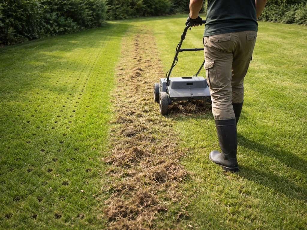 Man gebruikt verticuteermachine op gazon; zichtbare viltlaag en beluchtingsgaatjes in het gras.