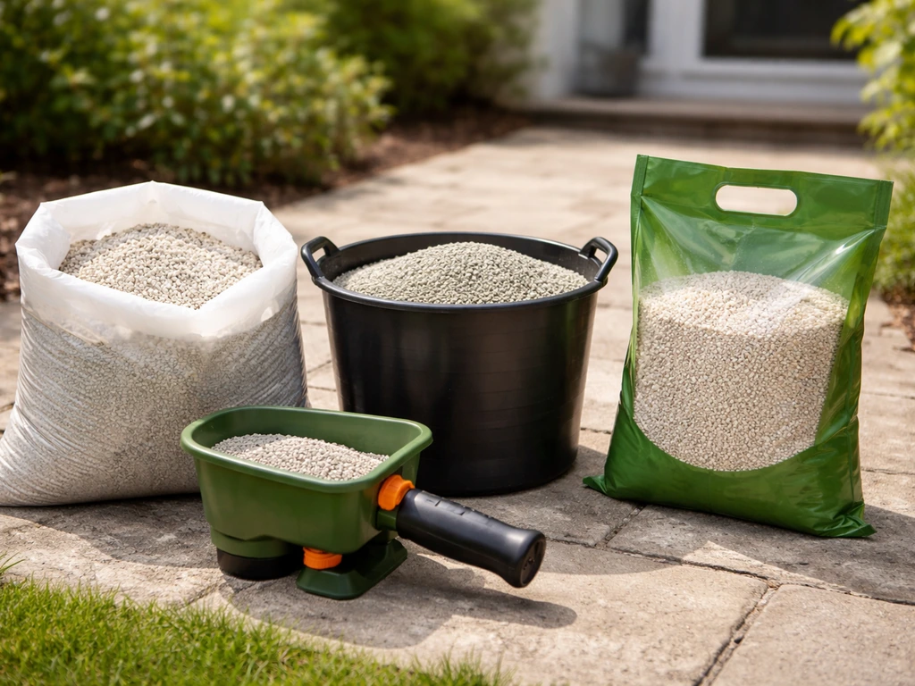 Drie soorten korrelkalk voor het gazon met granule-details en een kleine strooier, klaar om te gebruiken.