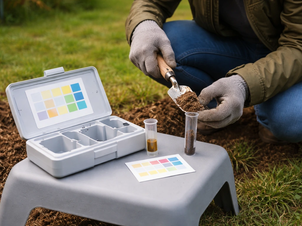 Anonieme tuinier meet de bodem-pH met een testset: monster, oplossing en meetstaafje op een tafel