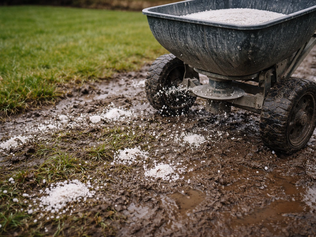 Hand met kalkstrooier naast natte grasgrond, duidelijk ongelijkmatige verdeling op een drassige ondergrond
