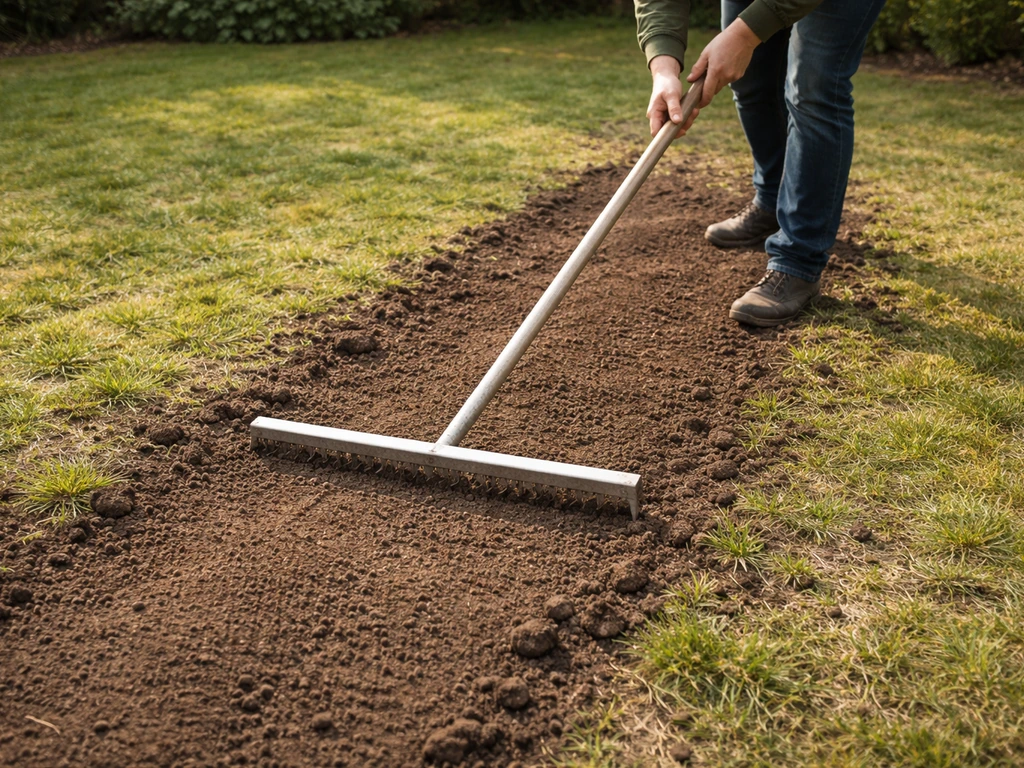 Tuinman haalt met hark/trekker aarde en grasvilt weg voor een vlak gazon, met zichtbare egalisatie
